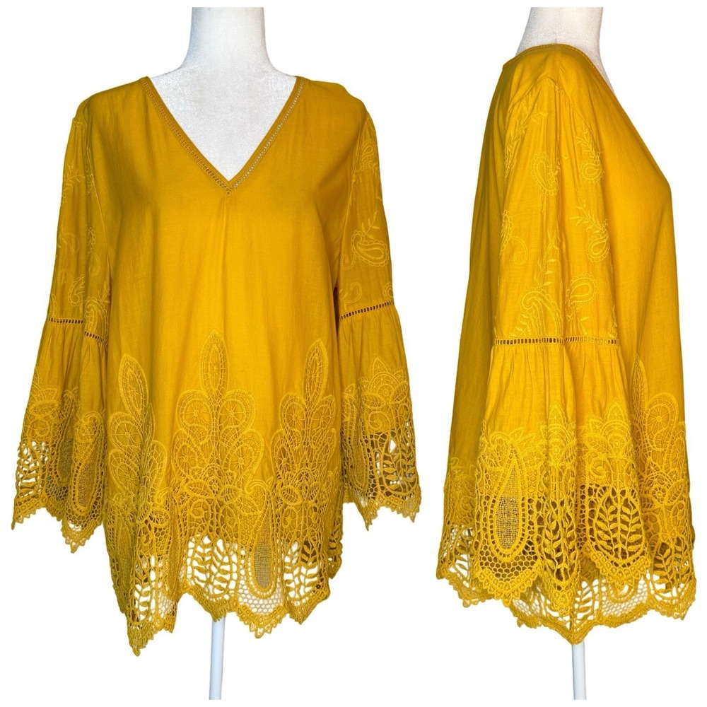 Chicos Boho Cotton Eyelet Lace V-Neck Bell Sleeve Tunic Top SZ‎ 2/12-14 L